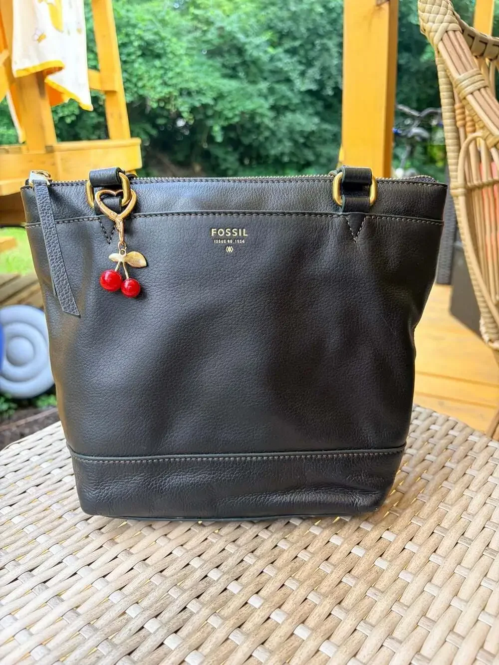 Fossil Issue No. 1954 Black Leather Tote Bag with Cherry Charm